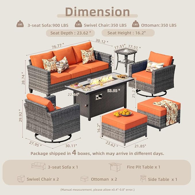 CAODOC 7 Pieces Outdoor Wicker Patio Set with 7 Seats, Including 53" Fire Pit - Swivel Rocker Chairs and Conversation Set for Backyard or Lawn, Gray Rattan with Waterproof Red Cushions