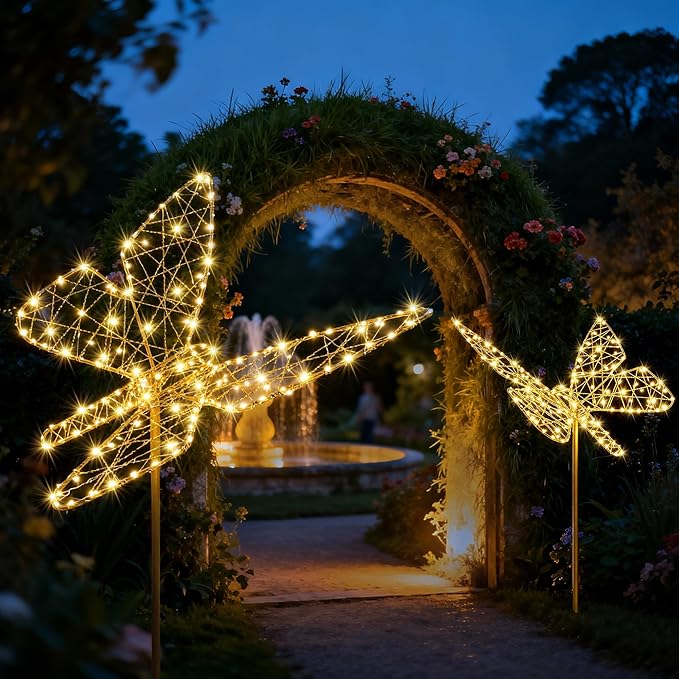 Lomotech Solar Garden Lights - 18" 240 Leds Foldable Outdoor Butterfly Garden Decor, Waterproof Larger Outdoor Solar Lights with Iron for Garden Patio Yard Lawn Pathway Decorations (Warm White)