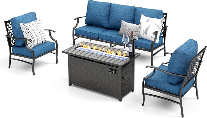 MIXPATIO Patio Furniture Set, 4 Pcs Metal Outdoor Conversation Set, 2 Single Chairs and 3 Seater Sofa with 5.75" Extra Thick Cushion and Gas Fire Pit Table for Backyard Deck, Gemstone Blue