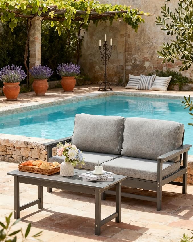 HDPE Outdoor Loveseat Patio Furniture Set with Cushions, 3 Piece Patio Conversation Set Sofa Set,All Weather Outdoor Couch Set with Coffee Table for Lawn, Garden, Deck