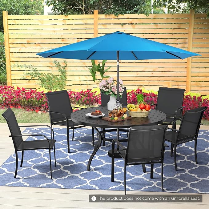 Incbruce 8 PCS Patio Dining Set with Sky Blue Umbrella, Outdoor Dining Set of 6 Textilene Chairs and 53" Round Table with Umbrella Hole for Backyard, Garden, and Poolside (Black)
