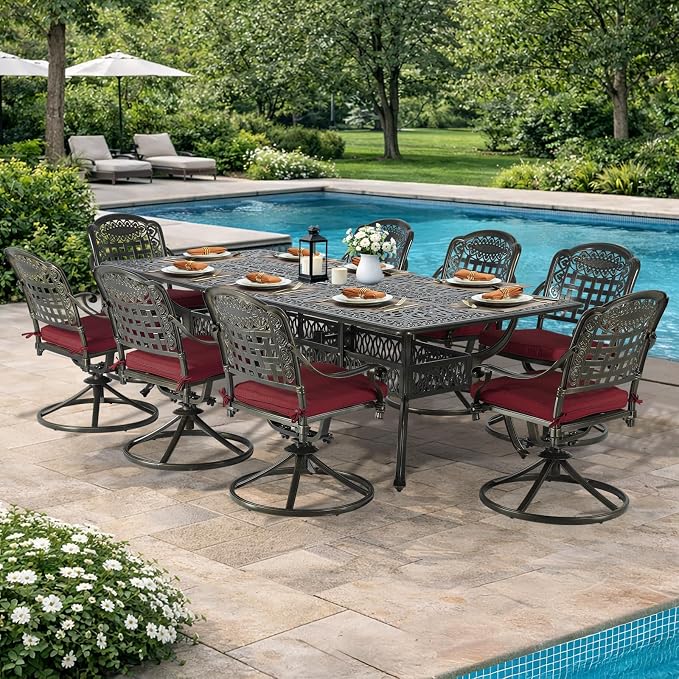 VIVIJASON 9-Piece Outdoor Dining Furniture Set, Cast Aluminum Patio Table & Chairs Set for 8, Include 94.5" Rectangular Dining Table and 8 Swivel Rocker Chairs with Umbrella Hole, Red Cushion