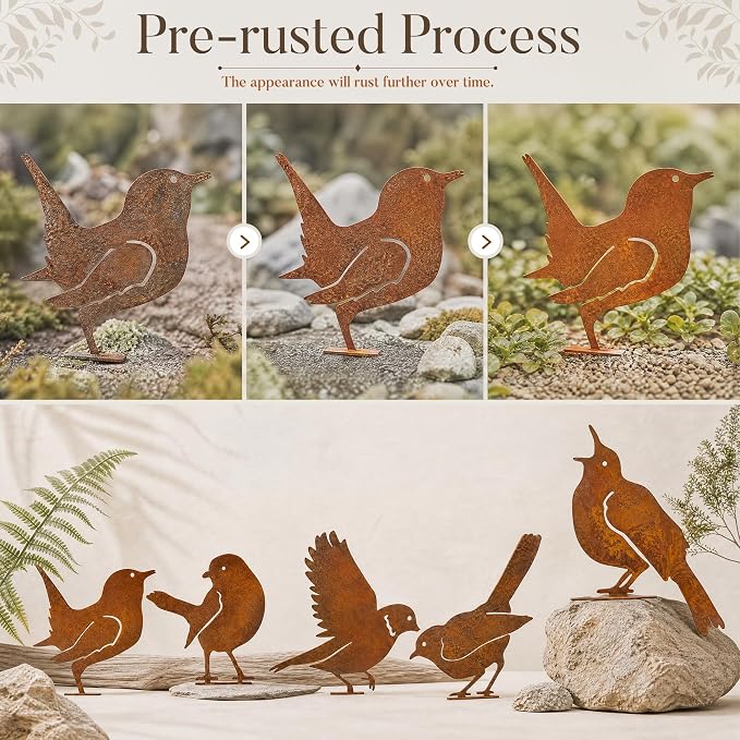 RELBRO Rusty Birds Silhouettes Outdoor Decoration, Metal Fence Art, 5 Pcs | 5 Lifelike Bird Silhouettes, Rustic Finish, Vintage Garden Yard Decor for Fence Gate Window Tree Topper
