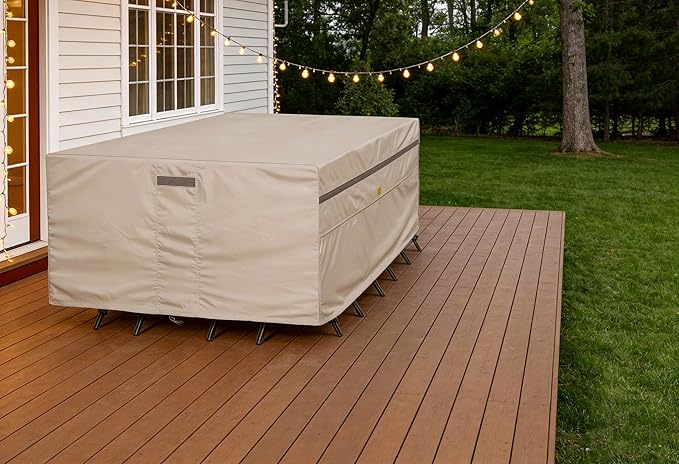 600D Heavy Duty Waterproof Patio Furniture Covers UV Resistant Rectangualr Outdoor Table and Chair Covers 128" Wx 82" D x 28" H Beige
