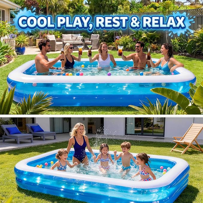 Full-Sized Inflatable Swimming Pool, Extra Large Blow Up Pool, Heavy Duty Above Ground Pool with Drain Valve, Leakproof Family Swim Pool for Backyard Patio Garden Outdoor Party (103''x69''x20'')