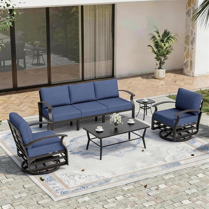 Kurapika Aluminum Patio Furniture Set 5-Seat Modern Outdoor Conversation Sets w/Swivel Rocking Chairs with Rectangular Coffee Table, Navy Blue