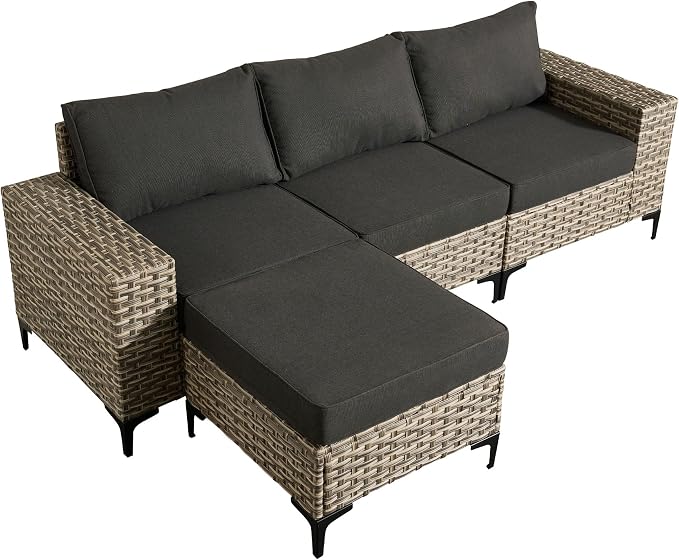 4-Piece Wicker Outdoor Sectional Furniture, Wide Armrest L-Shaped Patio Couch Set with Ottoman, Modern Modular Conversation Sets with Thick Cushion for Backyard Porch Balcony, Black