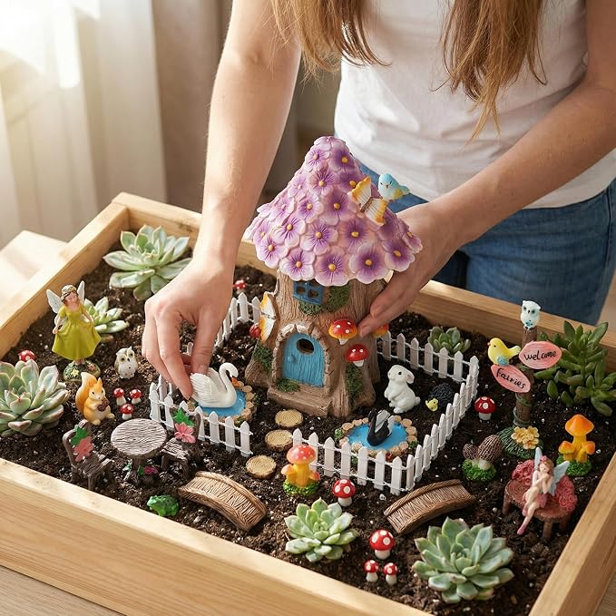 60 Pcs Solar Fairy Garden House Resin Kit | with Lighted Cottage Miniature Fairy Garden Accessories Set for Outdoor Patio Yard Planter Decor DIY Fairy Garden Kit (Fairy)