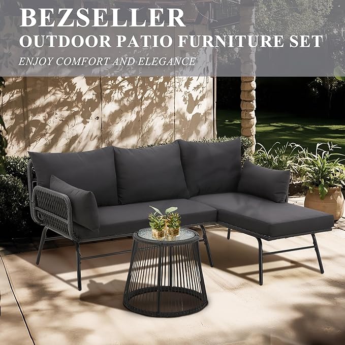 Bezseller 3-Piece Outdoor Patio Furniture Set, L-Shaped Rattan Sectional Sofa with Thick Cushions, Glass Coffee Table – All-Weather Conversation Set for Backyard, Porch, Poolside