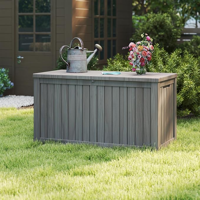 180 Gallon Deck Boxes Outdoor Waterproof, Outdoor Storage Box with Lockable Lid & UV-Resistant for Patio Furniture, Outdoor Cushions, Garden Tools and Pool Supplies, Light Brown