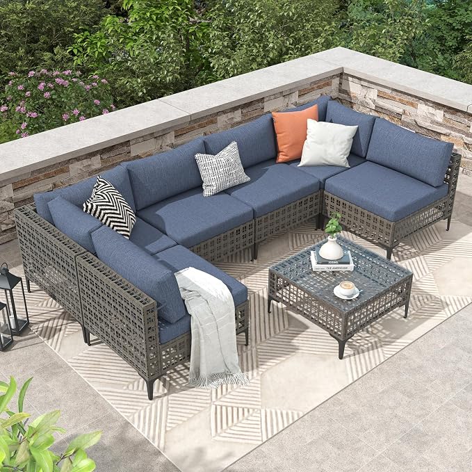 Patiorama 7 Piece Wicker Patio Furniture Set, Metal-Colored PE Rattan Outdoor Sofa Set Patio Sectional with Water Resistant Cushion and Coffee Table, Outdoor Couch, Porch, Backyard-Denim Blue