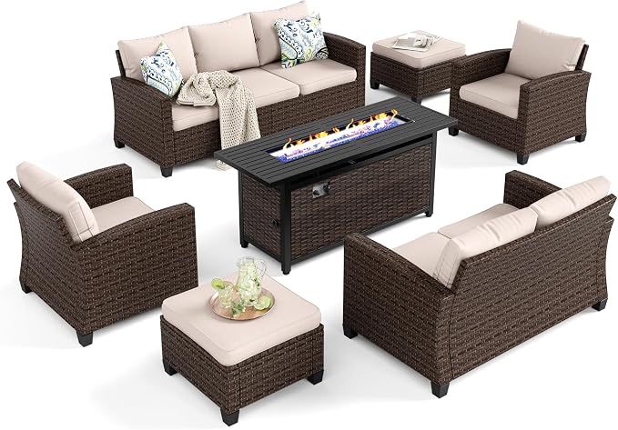 HERA'S HOUSE Wicker Patio Furniture Set with Fire Pit Table, Outdoor Rattan Conversation Sofa Sets for Lawn Yard