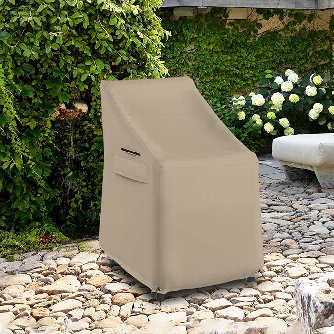 Seal Skin Covers Waterproof High-Back Chair Cover, Heavy Duty Outdoor Furniture Cover with Drawstring, Buckles, Air Vent, Durable Fabric (Beige, 27" L x 27W x 49" H)