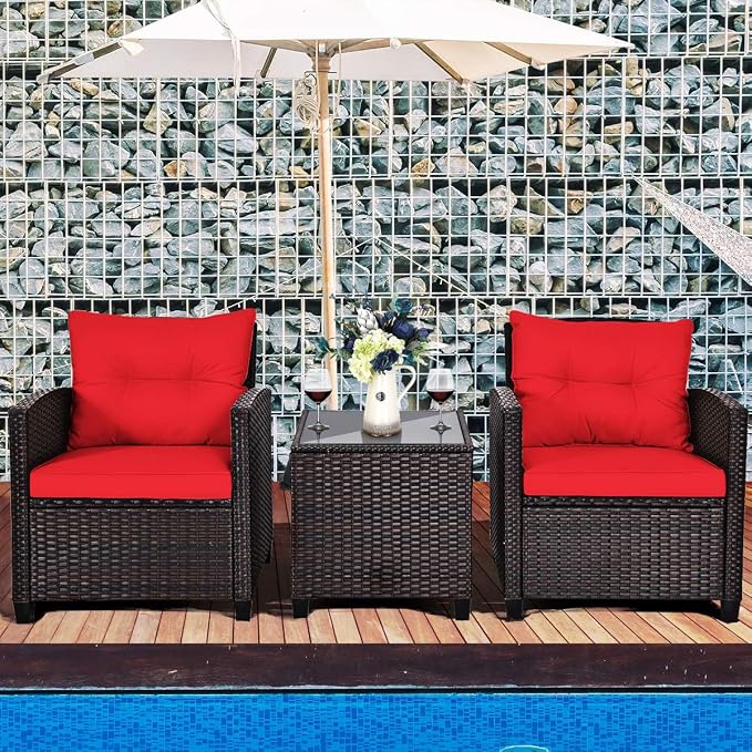 DORTALA Wicker Patio Furniture Set 3 Piece, Outdoor Table and Chairs with Tempered Glass Tabletop, Cushions, Small Rattan Conversation Sofa Set for Balcony, Porch, Backyard, Deck, Red