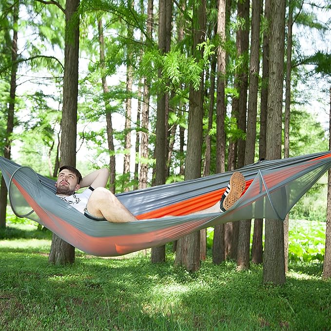 Travel Hammock with Mosquito Net, Lightweight Camping Hammock Hold Up to 200kg, Portable Outdoor Hammock for Camping Hiking Backpacking,Orange,290x140cm