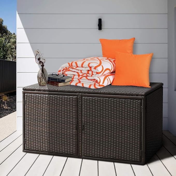Giantex Rattan Deck Box 73 Gallon Wicker Storage Box W/Separate Storage Shelf, Openable Door, Steel Frame, Toys and Tools Organize for Yard, Garden, Balcony, Porch, Patio Rattan Storage Box (Brown)