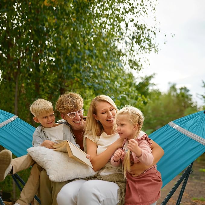 Tranquillo Ultimate Relaxation Portable Hammock Stand with Cotton Canvas Net, Spreader Bar, Quick Fold Unfold in 30 Seconds Steel Frame Hammock 600 lbs Capacity Outdoor, Blue