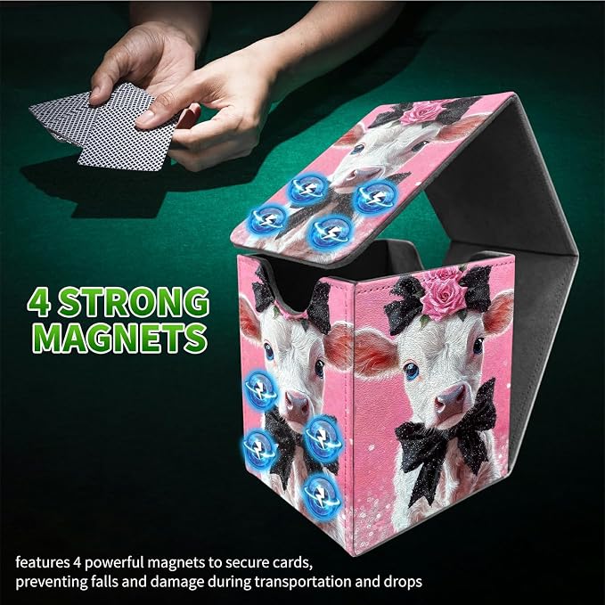 Pink Flower White Cow Card Deck Box for MTG, Personalized Card Storage Case Fits 120+ Sleeved Cards, Premium Leather TCG Box with Strong Magnetic Closure for Magic, PTCG, Baseball Cards