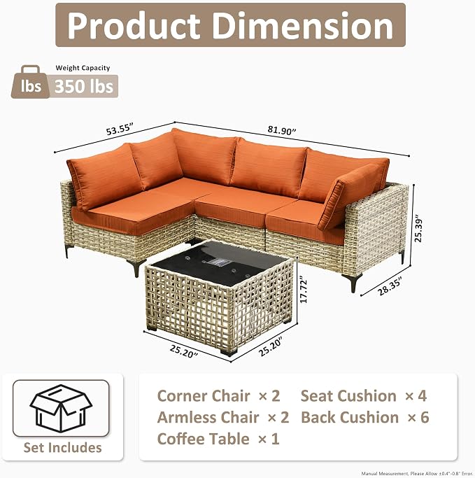 Outdoor Sectional Patio Furniture Set,5 Pieces Rattan Wicker Conversation Sets L Shaped Couch,Outside Furniture with Glowing Coffee Table,Orange Line