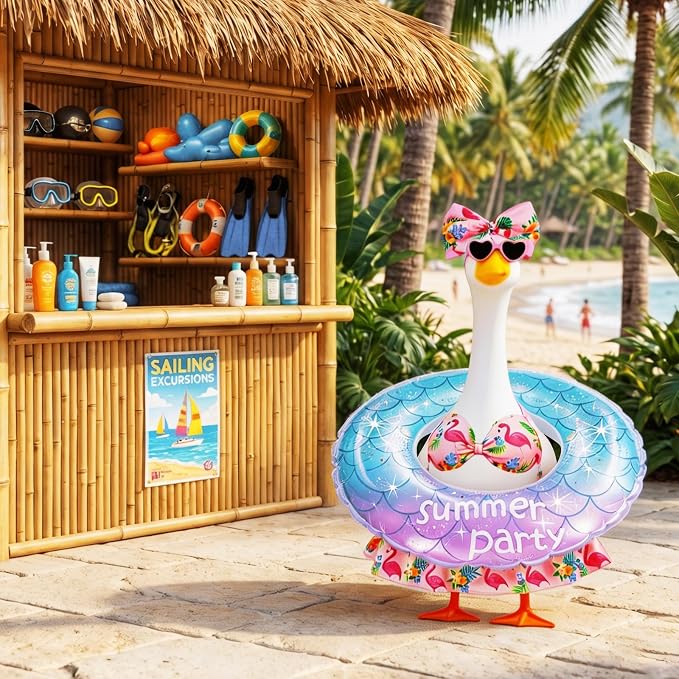 23 in Porch Goose Summer Outfit Bikini, Hawaiian Porch Goose Swimsuit Clothes Costume Accessories with Bow Glasses Swim Ring for 23" Summer Goose Garden Patio Statue Decor (Blue Flamingos)