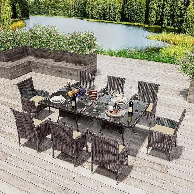 10 Pieces Outdoor Patio Dining Set,Patio Table and Chairs Rattan Outdoor Patio Furniture Set with Umbrella Hole,Dining Table Set for 8 with Chairs for Backyard,Garden and Kitchen,Brown