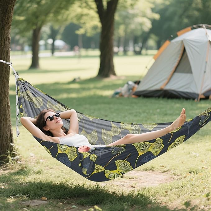 Camping Hammock Outdoor Hammocks for Outside Ginkgo Leaves Beach Trees Portable Lightweight with Pockets Tree Straps Indoor Small