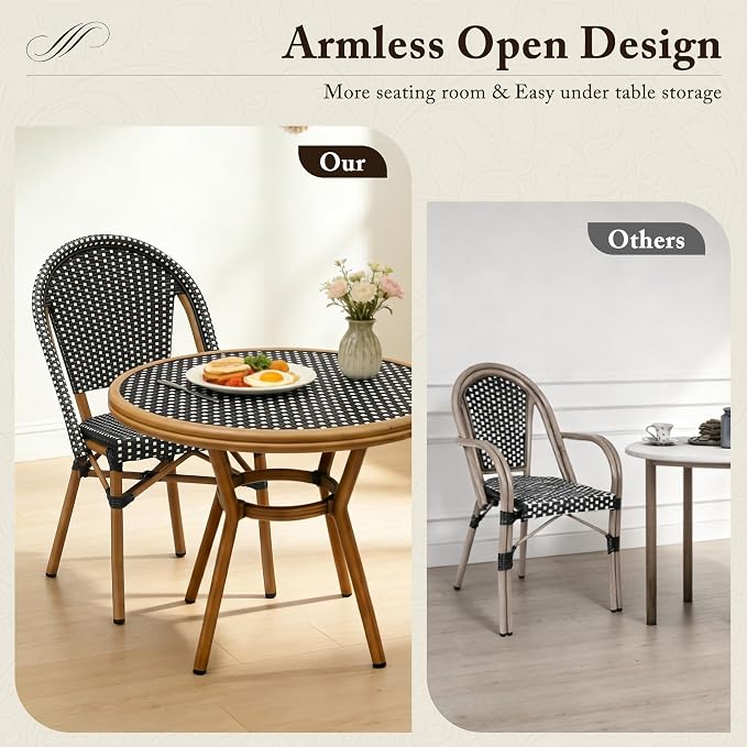 PURPLE LEAF 3-Piece French Bistro Dining Set Round Outdoor Patio Table and 2 Armless Chairs Tempered Glass Top PE Rattan Bamboo Print Finish Aluminum Frame Black