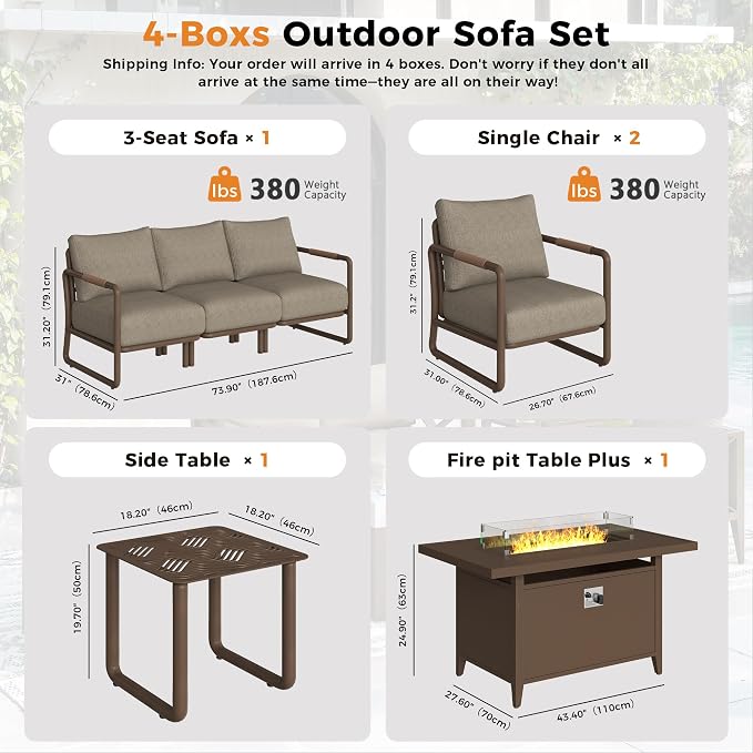 Outdoor Aluminum Patio Furniture Set with 43" Fire Pit Table,5-Seat Outdoor Conversation Set with 6.5" Thick Cushions & Coffee Table, All-Weather Patio Set for Backyard,Brown