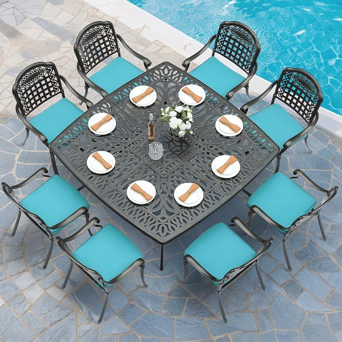 MEETWARM 9-Piece Outdoor Furniture Dining Set for 8, All Weather Cast Aluminum Patio Dining Set- Large 64" Square Table with Umbrella Hole, 8 Cushioned Chairs, Patio Table and Chairs Set, Ocean Blue