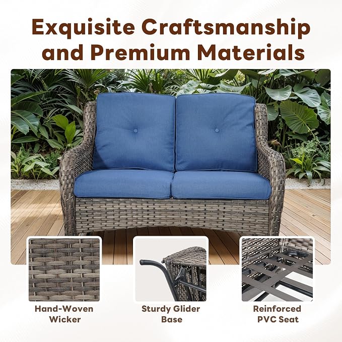 Belord 4 Piece Patio Wicker Furniture Set, Outdoor Swivel Rocker Chairs, All Weather Outdoor Patio Loveseat Set with Fire Pit Table for Deck Porch, Gray Wicker/Blue
