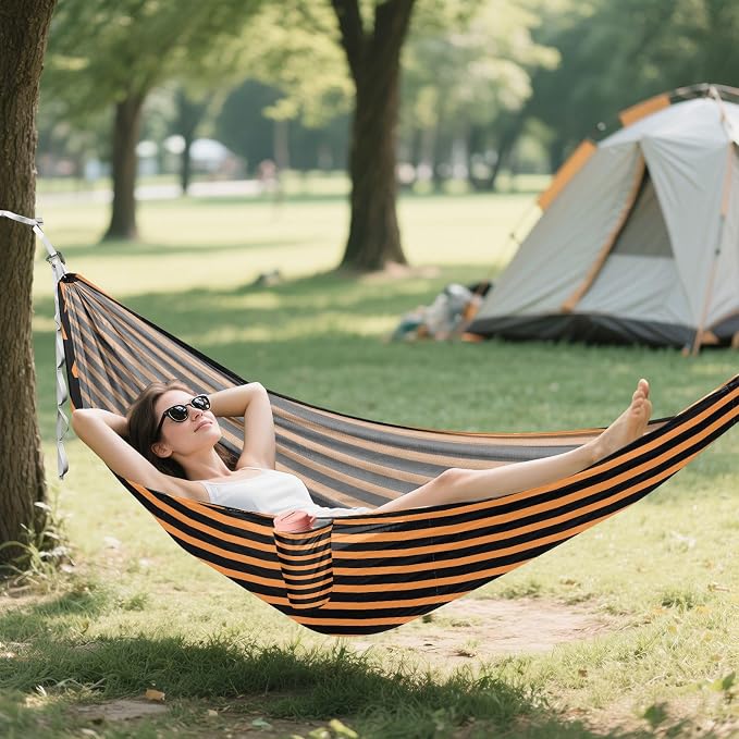 Camping Hammock Outdoor Hammocks for Outside Orange Black Stripe Beach Trees Portable Lightweight with Pockets Tree Straps Indoor
