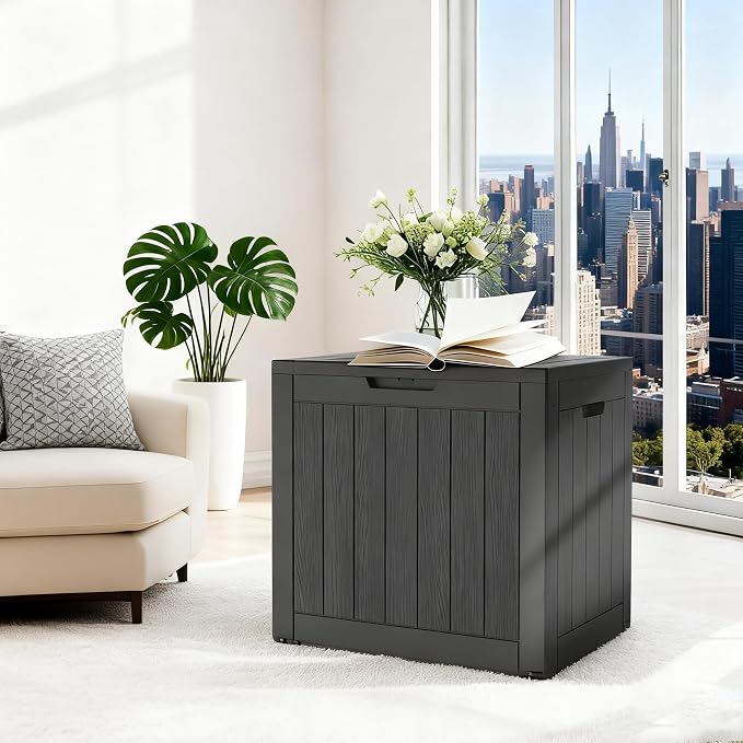Mars Villa 31 Gallon Deck Box, Waterproof Weatherproof and UV Resistant Resin Storage Bin with Lockable Lid, for Outdoor Patio Furniture Cushions, Pool Supplies, Garden Tools, Black