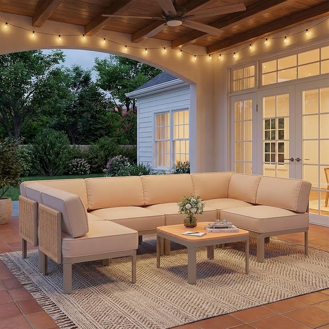 EROMMY 7 Pieces Patio Sectional Furniture Set, Metal Frame Outdoor Conversation Set with 6" Thick Cushions & Coffee Table, All-Weather U-Shape Sectional Sofa for Poolside, Deck, Backyard, Beige