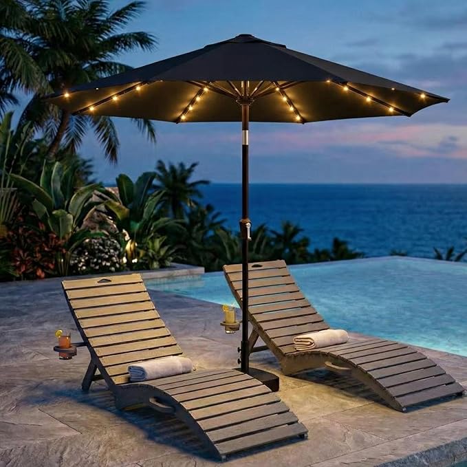 Kingdura 10FT Outdoor Patio Umbrella with Solar Lights, Market Table Umbrella with Push Button Tilt & Crank, 8 Sturdy Ribs, 32 LED Lights, UV Protection for Garden Lawn Deck Backyard Pool (Black)
