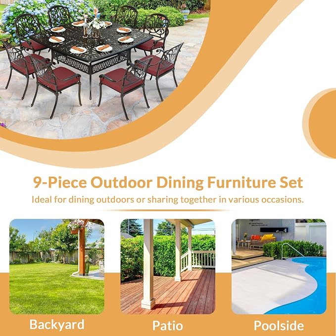 9 Piece Outdoor Patio Dining Set for 8, Cast Aluminium Large Square Dining Table & 8 Cushioned Stackable Chairs, Umbrella Hole, Patio Furniture Set for Garden Porch Poolside, Chili Red