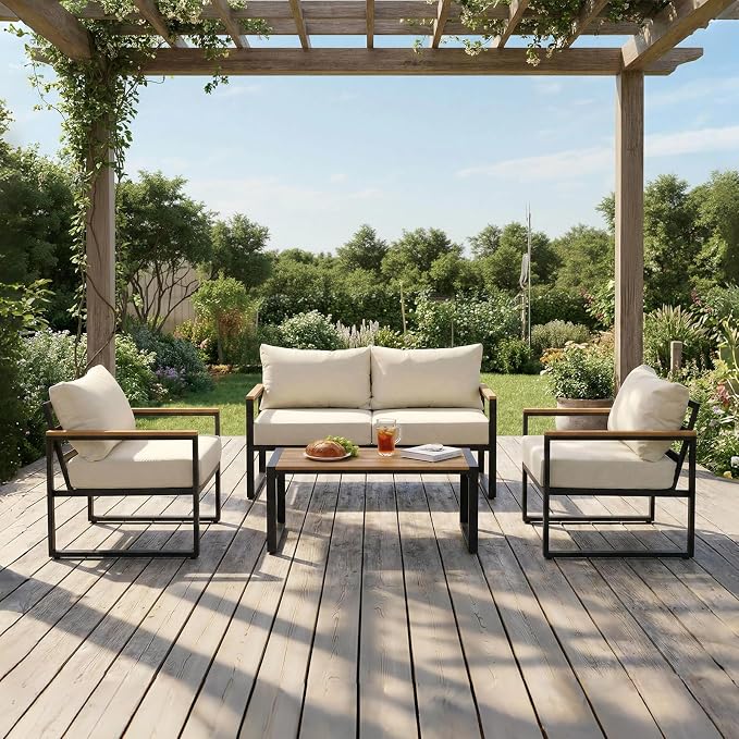 Furnimart 4-Piece Metal Patio Conversation Set, Deep Seating Outdoor Sofa with Coffee Table, Modern Small Space Furniture for Backyard, Deck, Poolside, Porch (Beige)