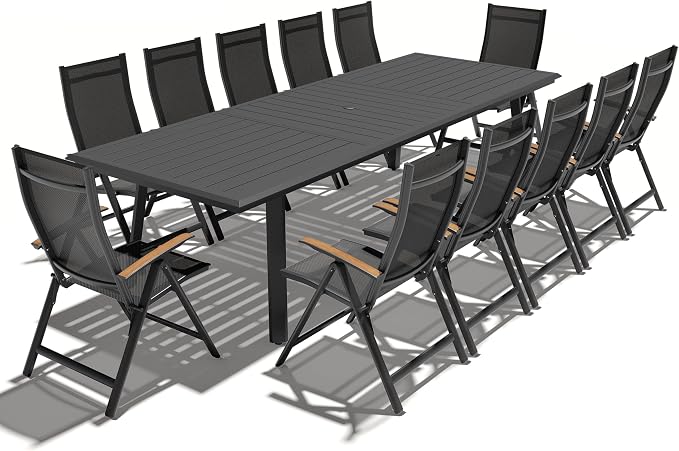 Pellebant 13 Pieces Aluminum Patio Table and Chairs Set - 118" Rectangular Table and Foldable Chair Outdoor Dining Set with Umbrella Hole, Weather Resistant Sturdy Frame for Deck, Porch & Backyard