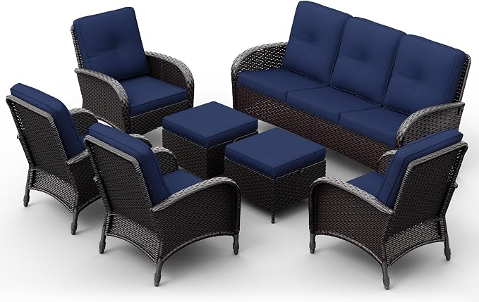 Joyside Wicker Patio Furniture Set, 7 Piece Outdoor Furniture Set with Thickened Cushions, High Back, Deep Seating, Wide Armrest, Rattan Outdoor Chairs for Porch, Deck