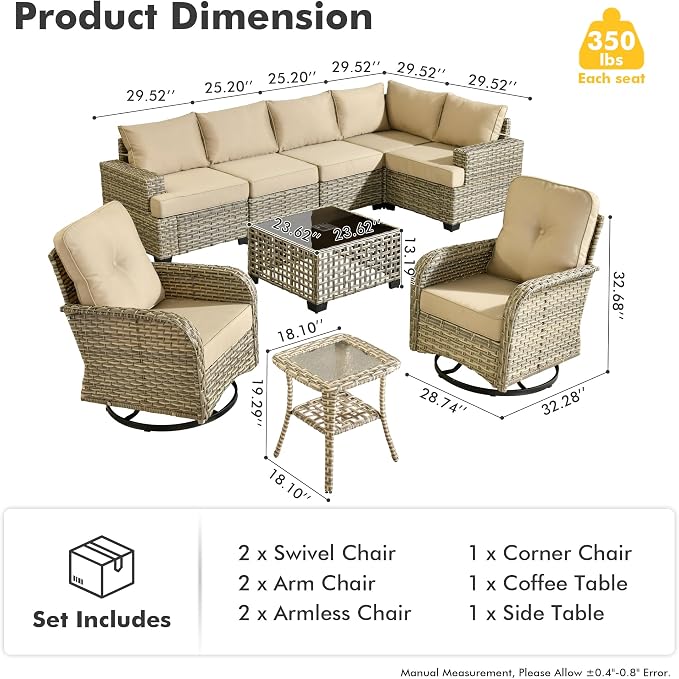 CAODOC 9 Piece Patio Furniture All Weather 7-Seater Outdoor Sectional Sofa with Patio Swivel Chairs and Solar Powered Coffee Table for Porch,Garden,Backyard,Deck(Tan)