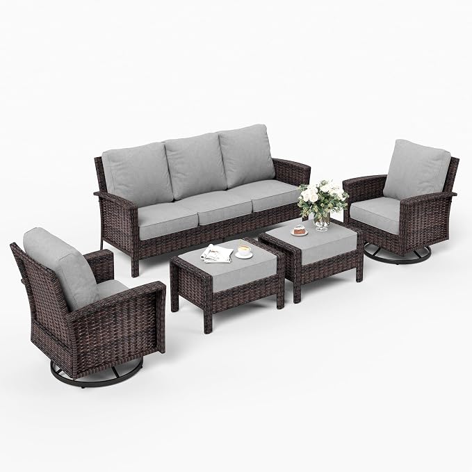 SUNSHINE VALLEY 5 Pieces Patio Furniture Set with Swivel Chairs, High Back Wicker Rattan Sofa with Extra Thick Cushion and Ottoman, Outdoor Conversation Set for Garden Backyard Deck, Grey