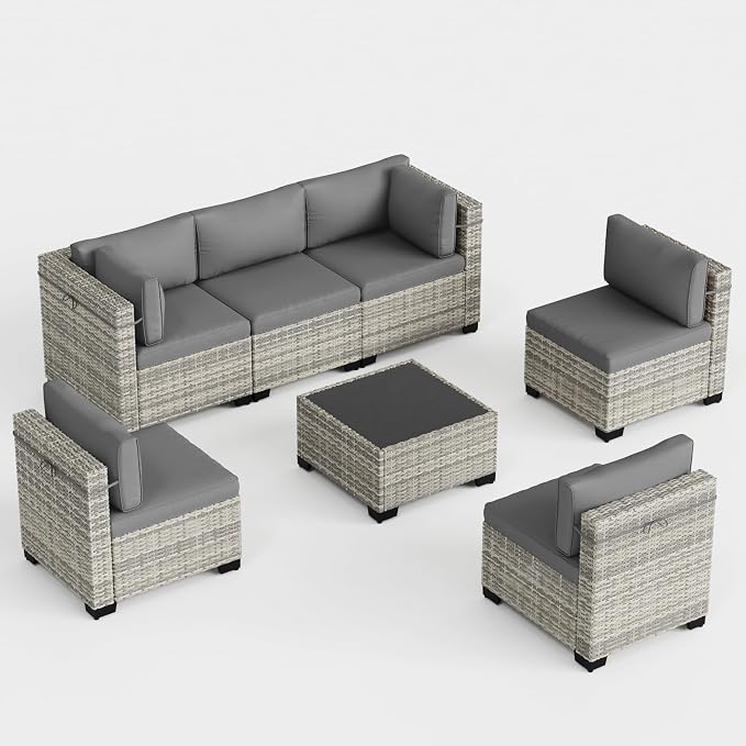 7-Piece Outdoor Patio Furniture Set, PE Wicker Rattan Sectional Sofa Conversation Set with Tempered Glass Table & Thick Cushions - All-Weather Garden, Backyard Furniture, Grey