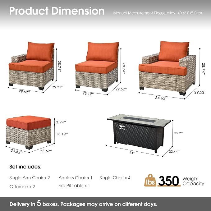 Rattan Patio Furniture Set with Fire Pit,10 Pieces Outdoor Sectional with Single Chair Ottoman,Out Door Furniture Conversation Set,Orange Red