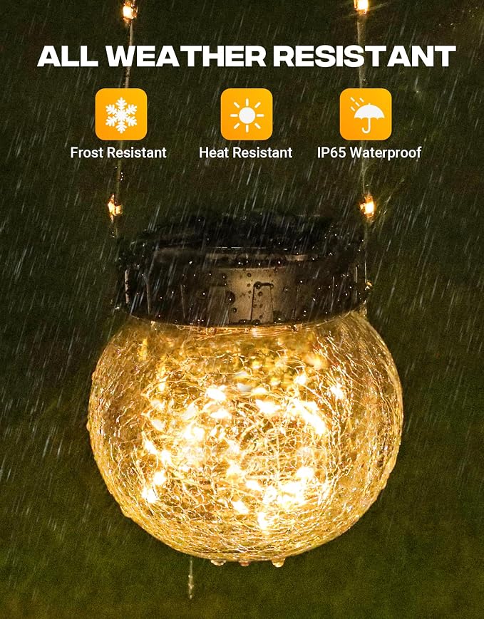 Solar Lights Outdoor Waterproof 12-Pack, Solar Powered Hanging Lantern Cracked Glass Hanging Globes for Yard Decor Christmas Decoration, Shepherd Hook, Garden Tree Ornaments, Warm White