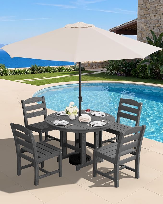 SERWALL 5-Piece Patio Dining Sets, HDPE Outdoor Table and Chairs Furniture Set, 45" Round Dining Table and 4 Armless Dining Chairs, Gray