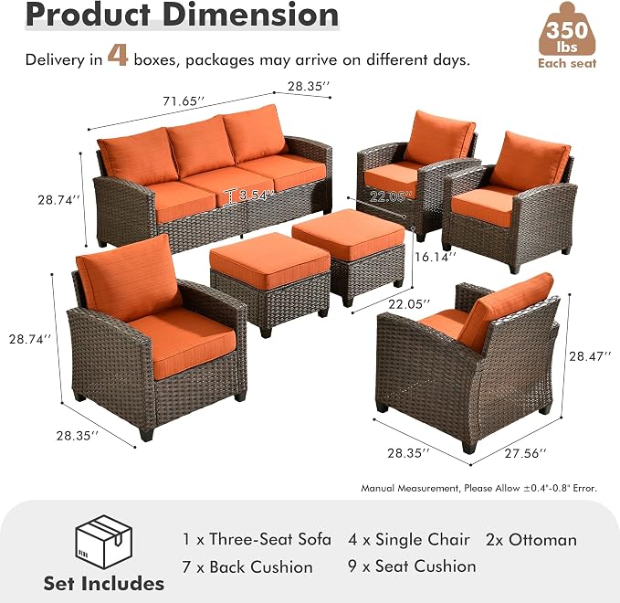 ovios 7 Pieces Patio Furniture Set, Outdoor Wicker Sofa Couch with 4 Chairs Comfy Cushions, All Weather Brown Rattan Conversation Set for Backyard Deck Porch, Orange Red