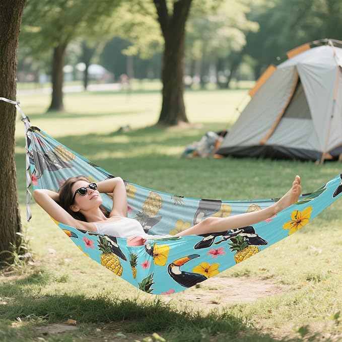 Camping Hammock Outdoor Hammocks for Outside Toucan Hibiscus Flower Beach Trees Portable Lightweight with Pockets Tree Straps Indoor Small