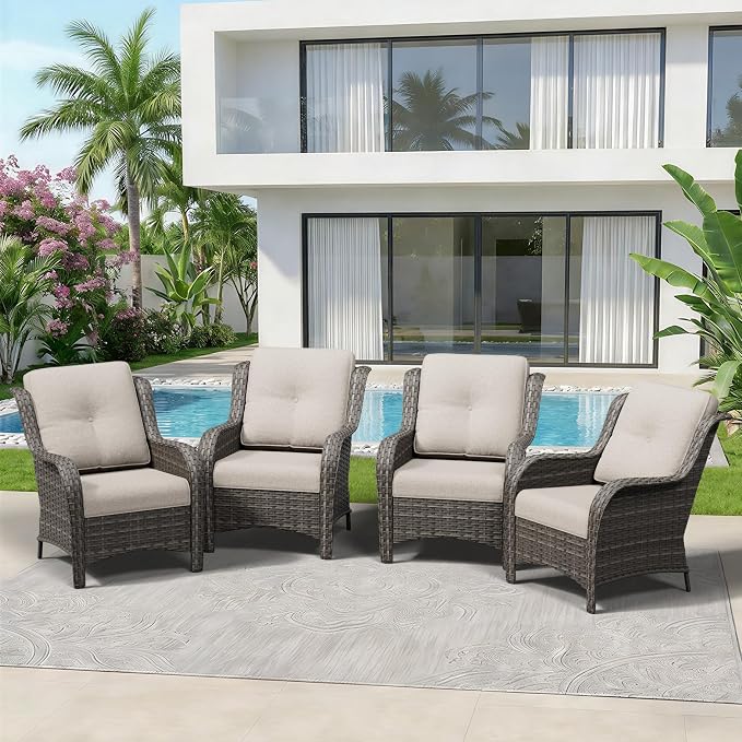 4 Piece Outdoor Wicker Patio Furniture Set, Patio Chairs Set of 4 with Thickened Olefin Cushions, High Back and Deep Seating, Hand-Woven PE Rattan for Porch, Deck, Beige