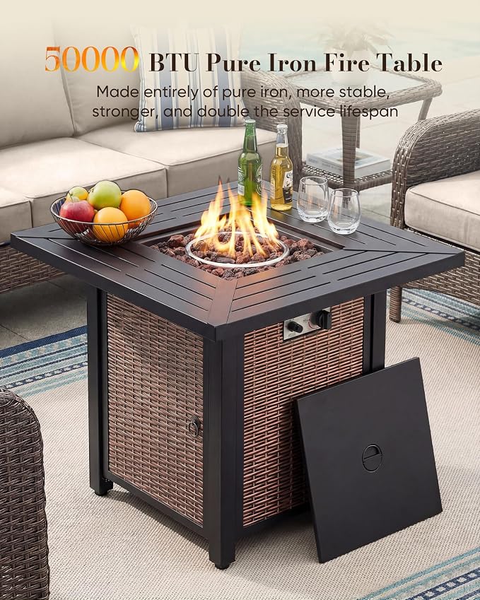 Belord Upgraded 6“ Cushion Luxury 7 Piece Patio Furniture Set with Fire Pit Table - Outdoor Furniture Set with High Back Swivel Rocker Patio Chairs, Conversation Set for Deck Porch Yard - Brown/Beige
