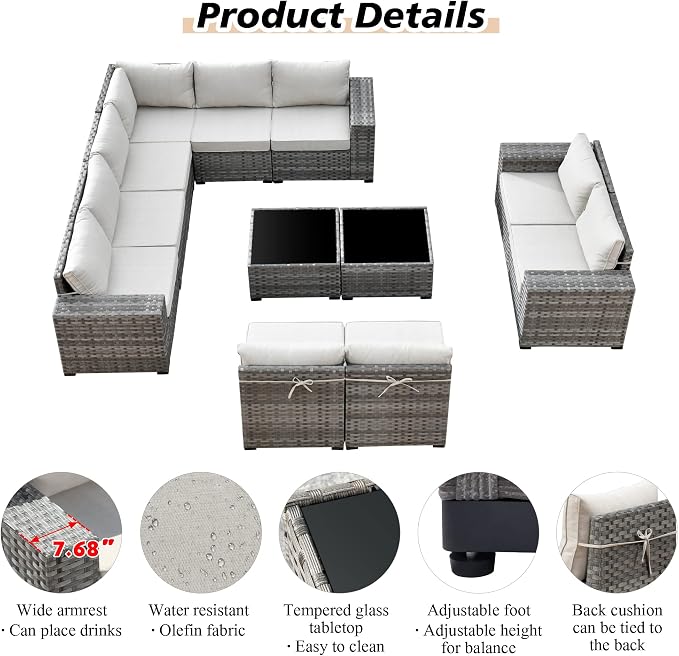 HOOOWOOO Outdoor Patio Sectional Furniture Sofa Set with Widened Armrest,12 Piece Large Modern Wicker Couch,Modular L Shaped Conversation Seating Set with Table for Out Door Garden Corner(Beige Tan)