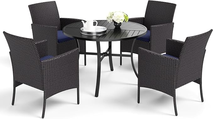 MFSTUDIO 5 Pieces Patio Dining Set, Patio Table and Chairs for 4, Outdoor 42" Round Table with Wicker Chairs, Patio Dininig Furniture Set Wicker, Backyard, Porch